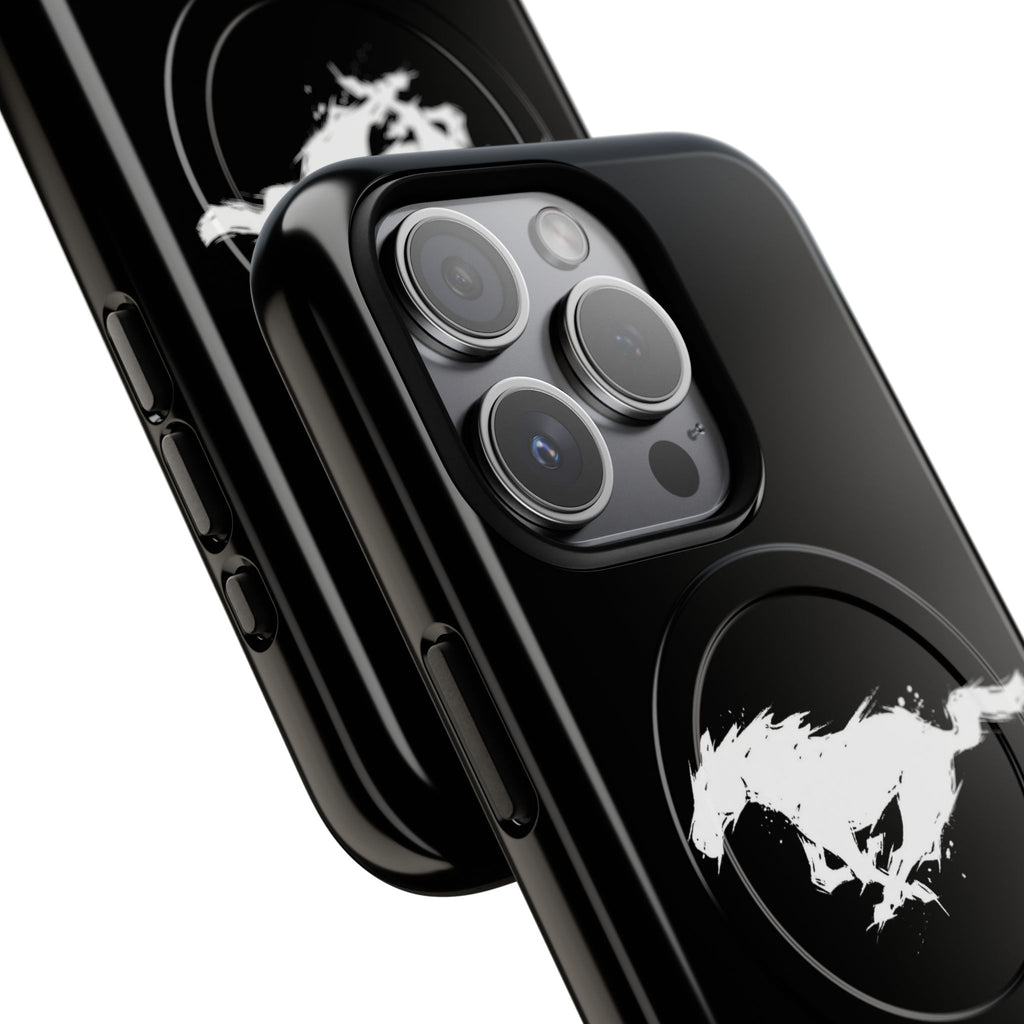 Black phone case with white wolf design on a white background