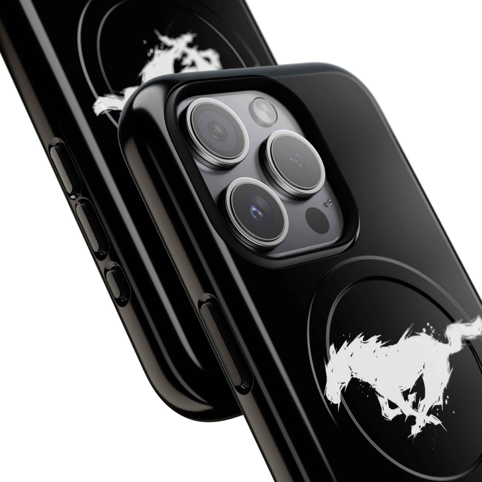Black phone case with white wolf design on a white background