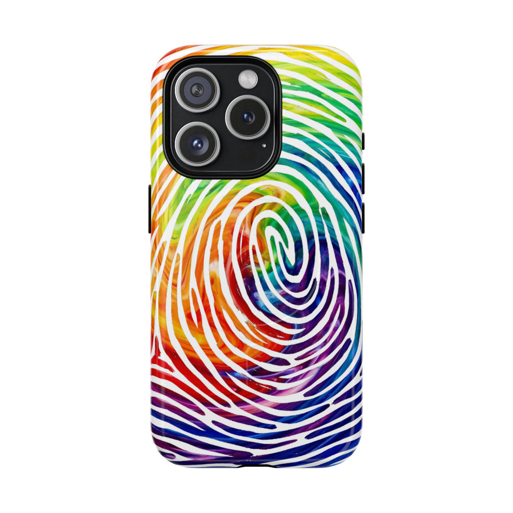 Phone case with a colorful spiral design on a white background