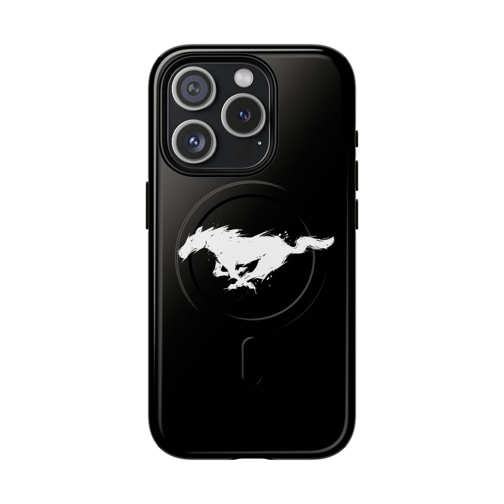 Black phone case with a white horse logo on a white background