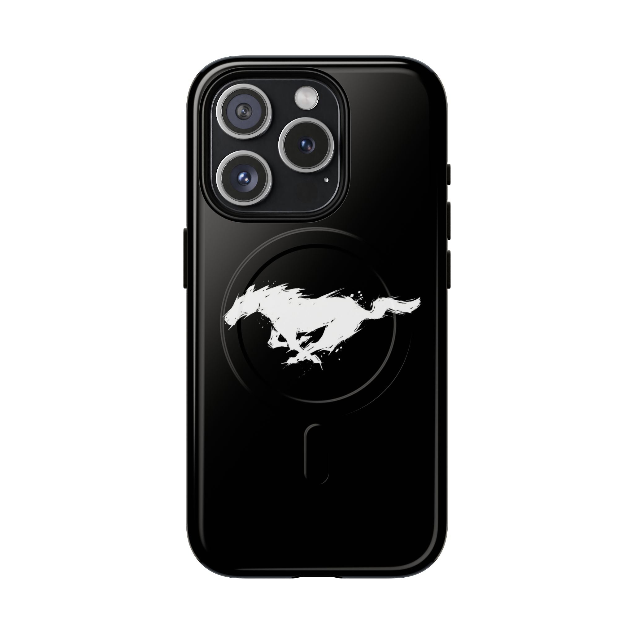 Black phone case with a white horse logo on a white background