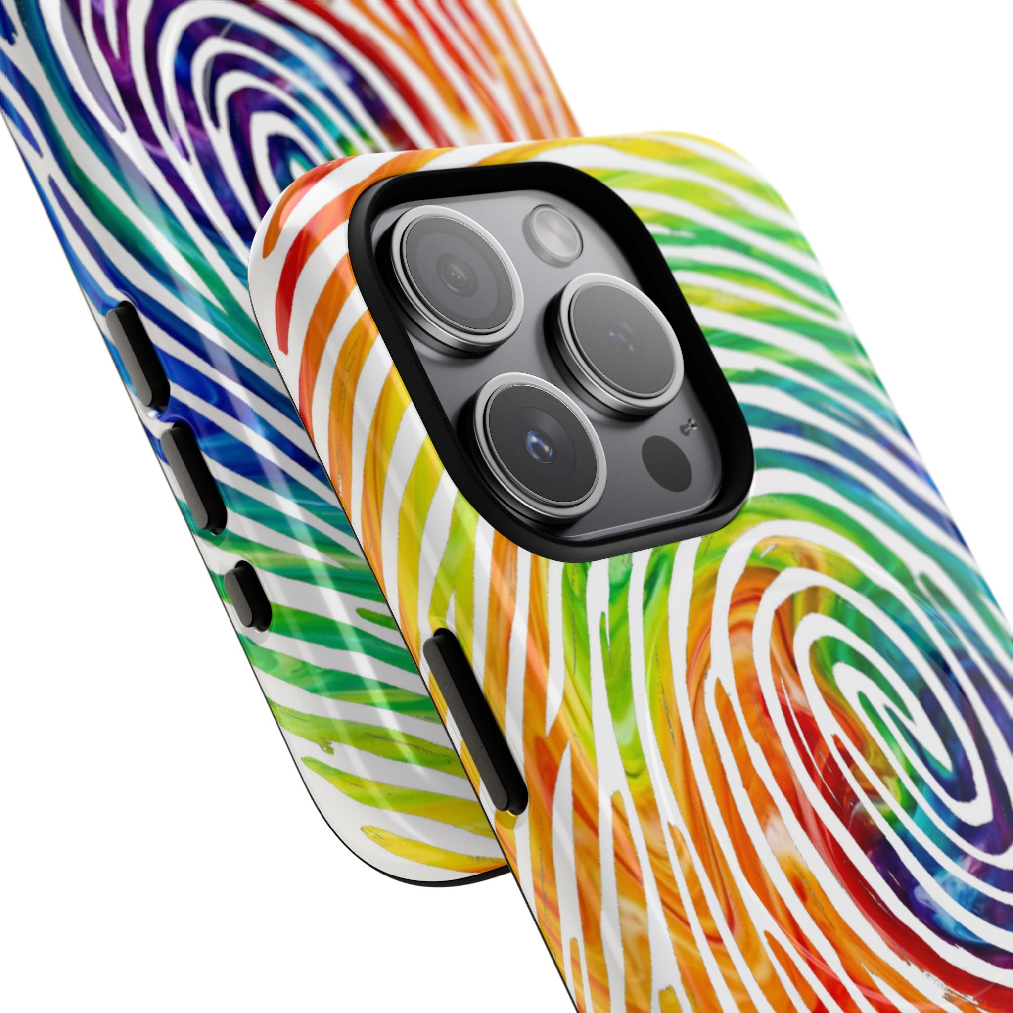 Colorful swirl patterned phone case on a white background