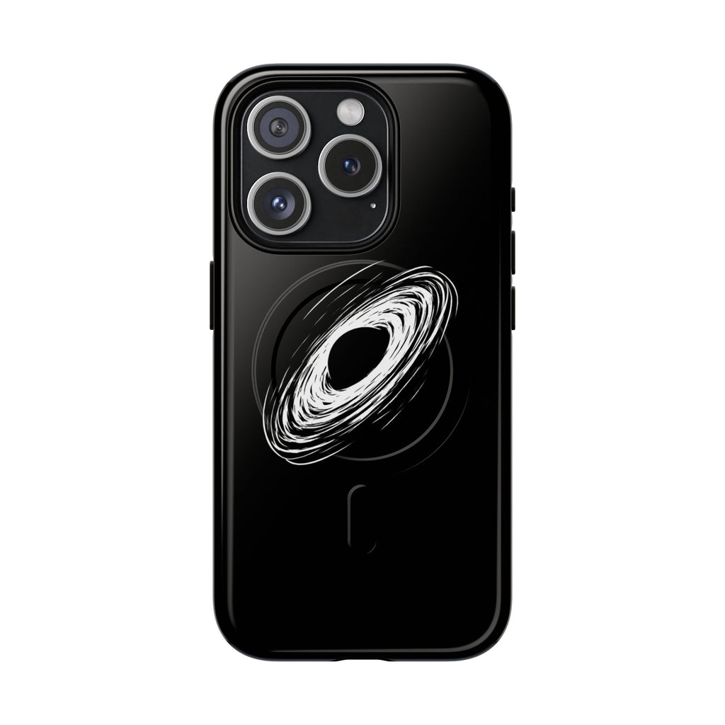 Black phone case with a white spiral design on a white background