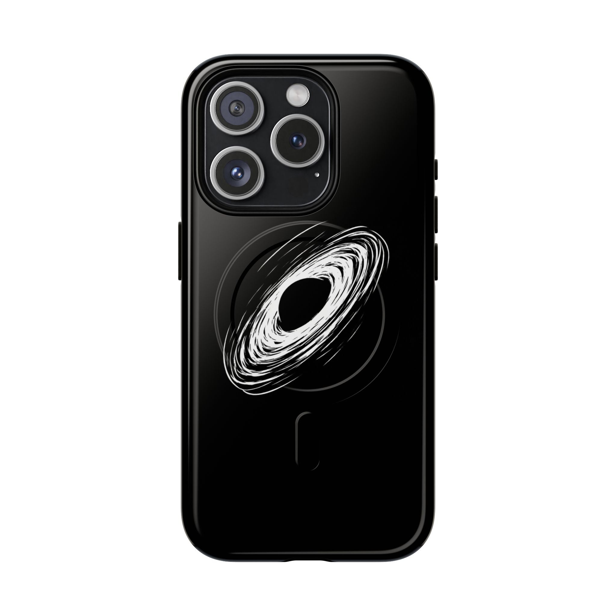 Black phone case with a white spiral design on a white background