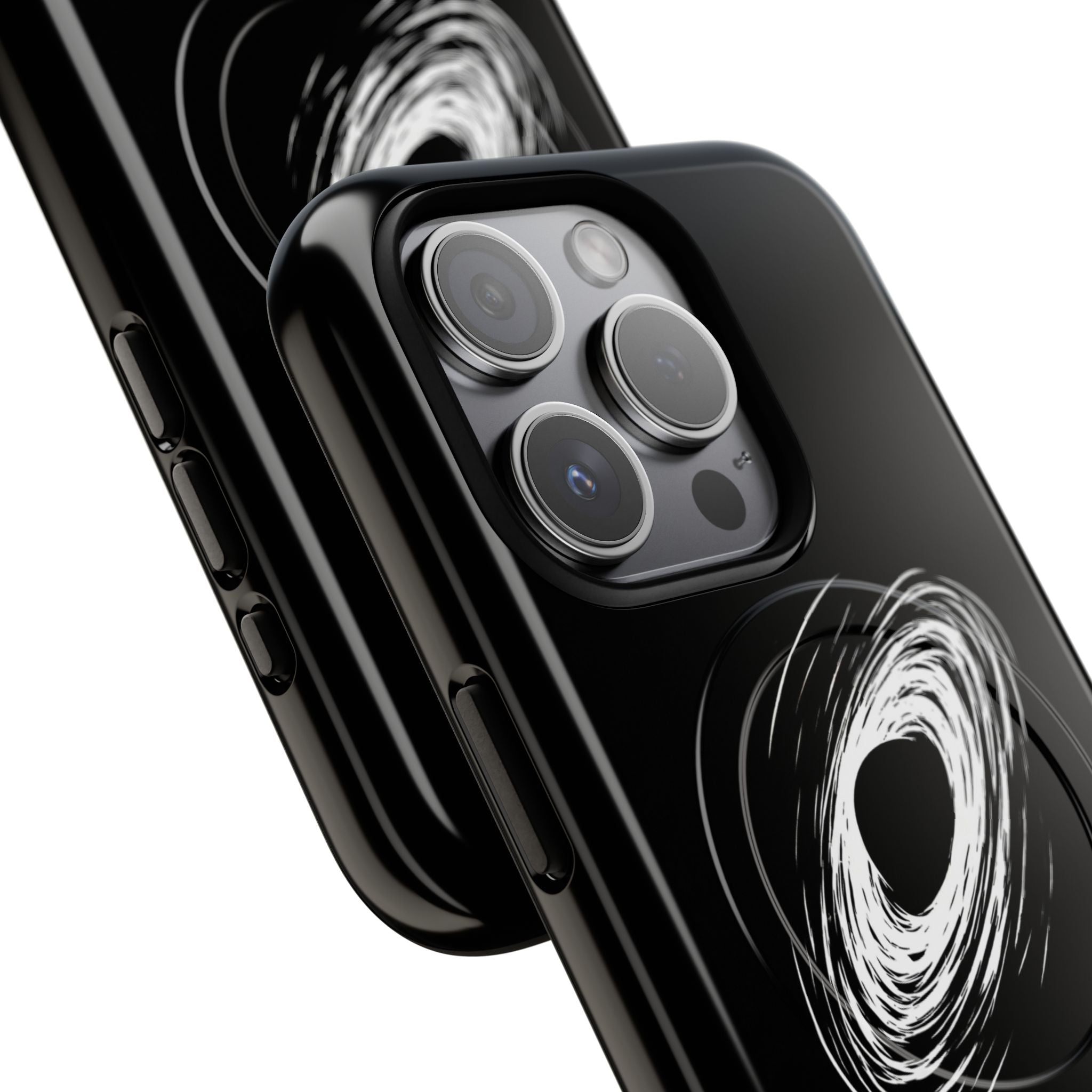 Close-up of a black smartphone with camera details on a white background