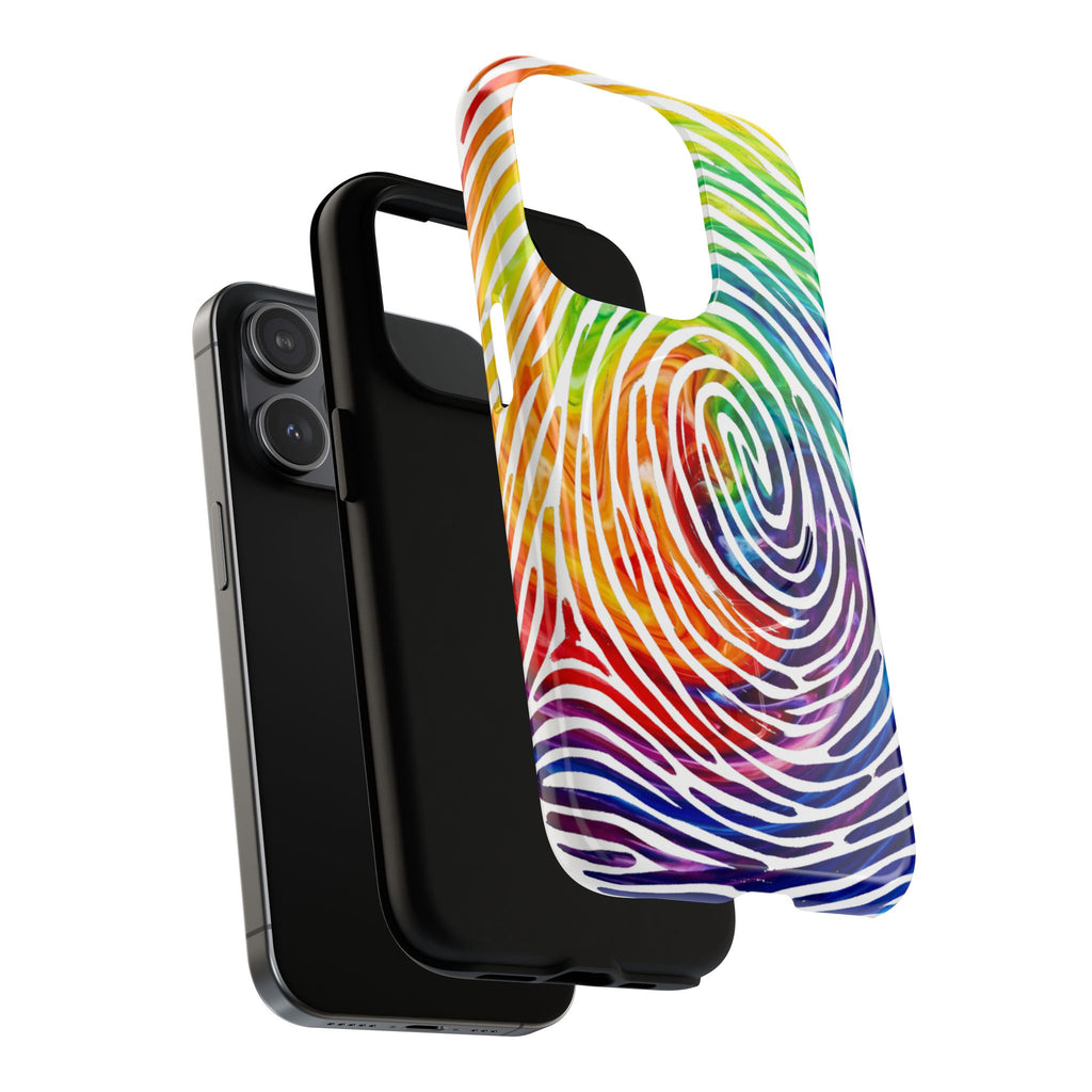 Black phone case with a colorful, wavy pattern on a white background