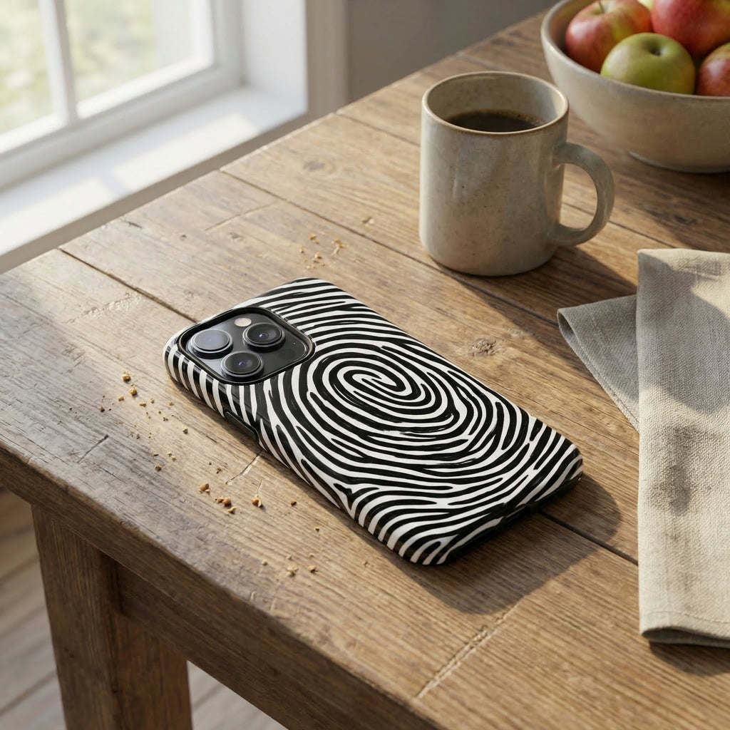 Phone case with black and white pattern on a wooden table with a mug and apples in the background