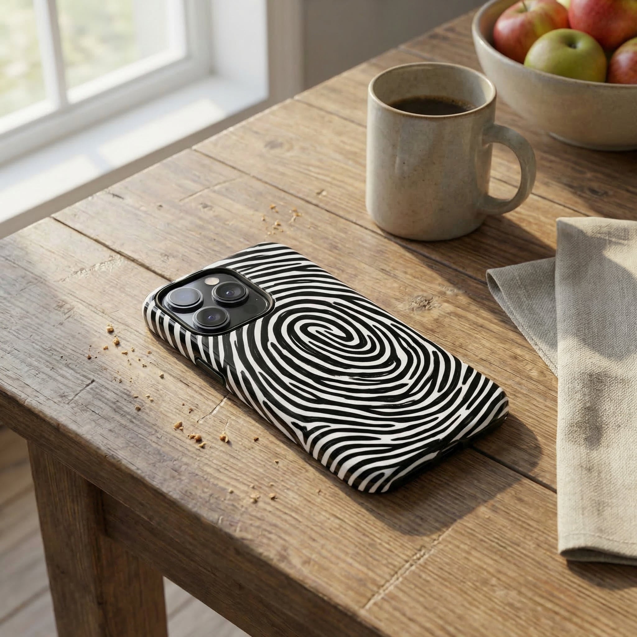Phone case with black and white pattern on a wooden table with a mug and apples in the background
