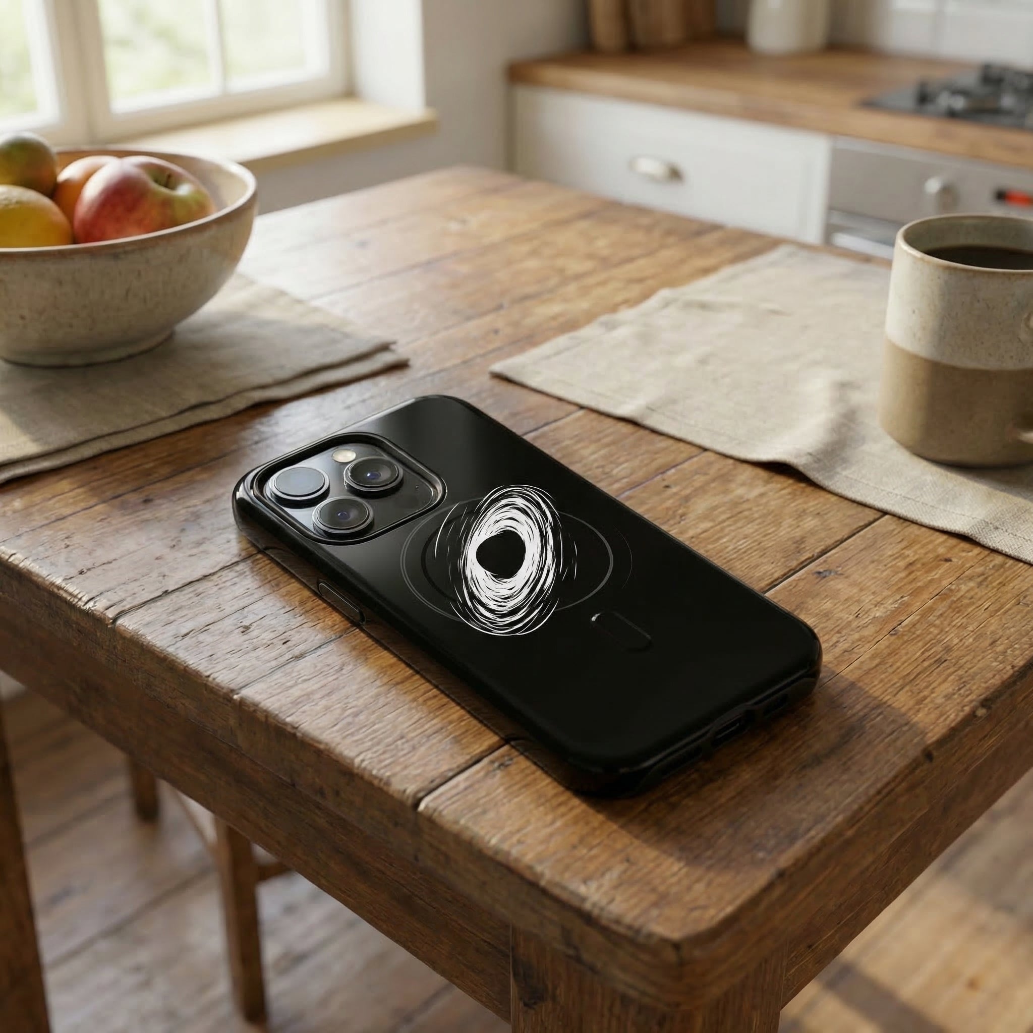 Smartphone with a unique camera lens design on a wooden table in a kitchen.