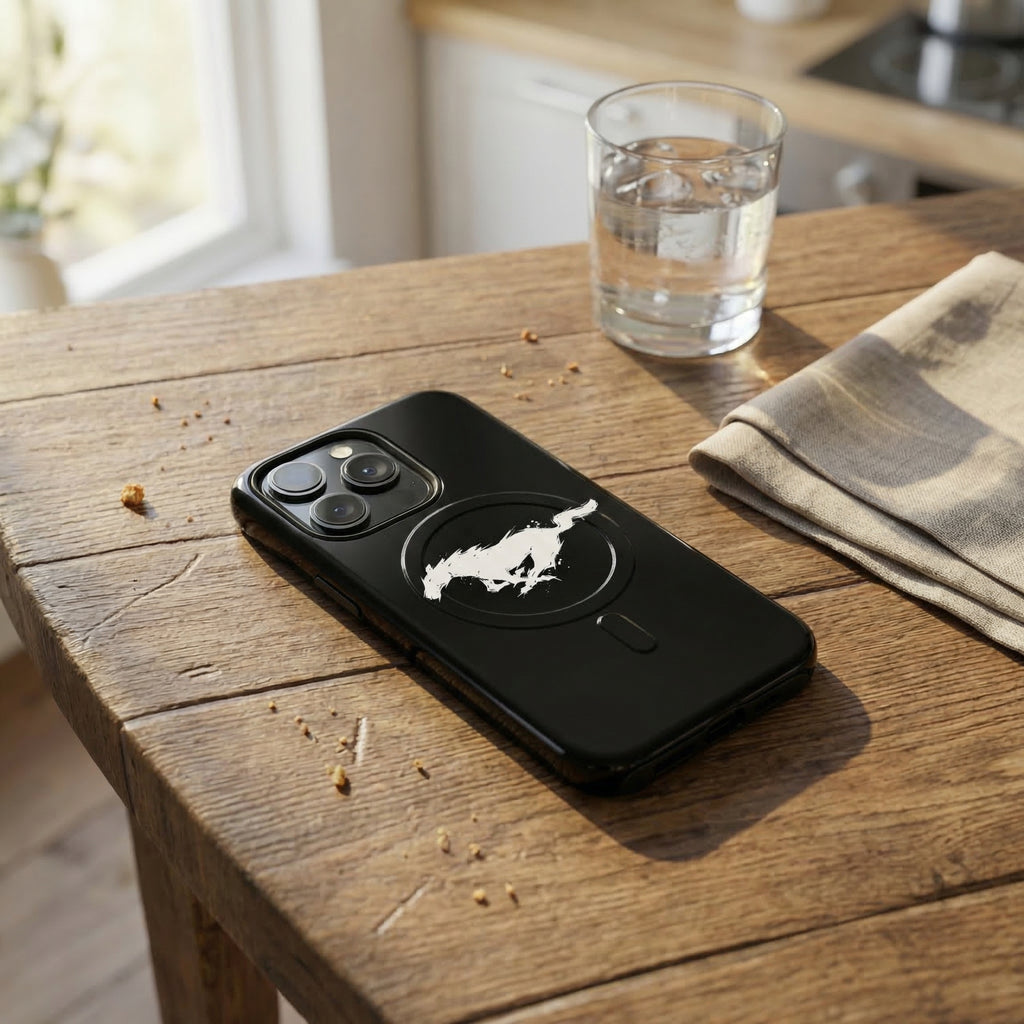 Black phone case with a logo on a wooden table next to a glass of water
